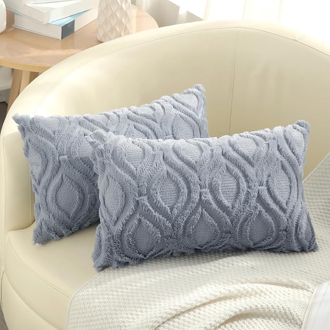 decorUhome Throw Pillow Covers 12x20 Inch Set of 2, Soft Plush Faux Wool Blue by decorUhome