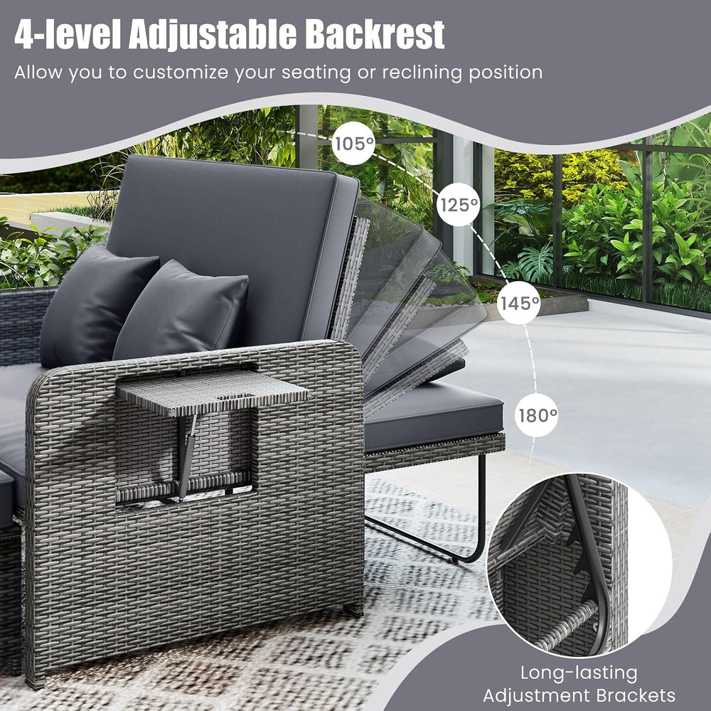 Tangkula Patio Rattan Daybed with 4-Level Adjustable Backrest, Grey Cushion