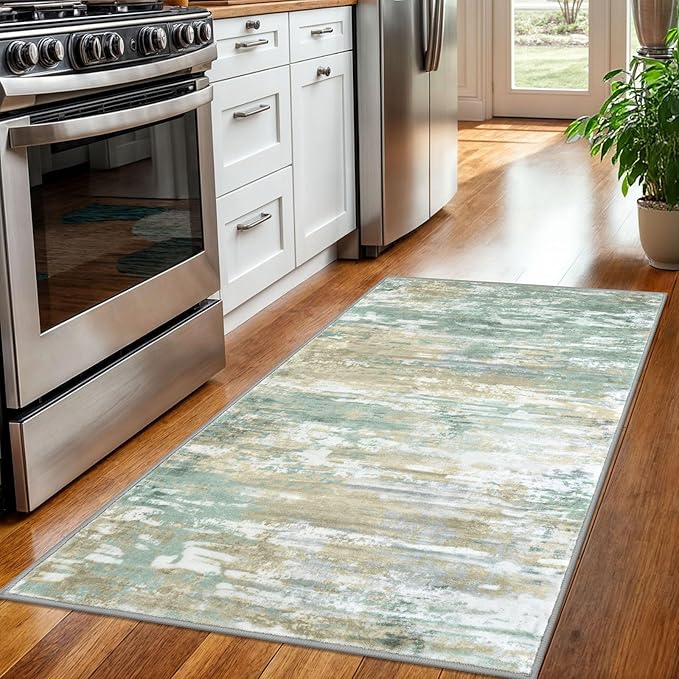 KOZYFLY Modern Abstract 3x5 Area Rug Washable Bedroom Rug Light Green Yellow - Image 3