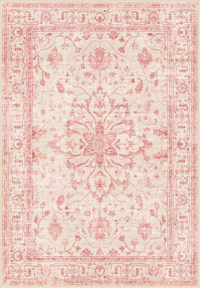 RELEANY Area Rugs 4'x6' Washable Non-Slip, Floral Vintage Distress Print by RELEANY
