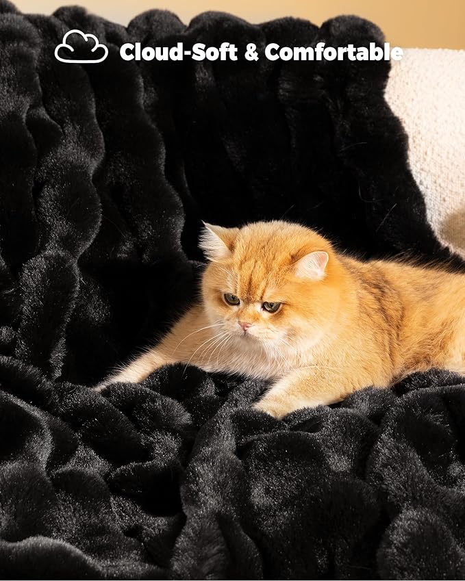 Ultra Soft Cozy Faux Fur Throw Blanket, Fuzzy Plush Thick Bubble Blanket - Image 3