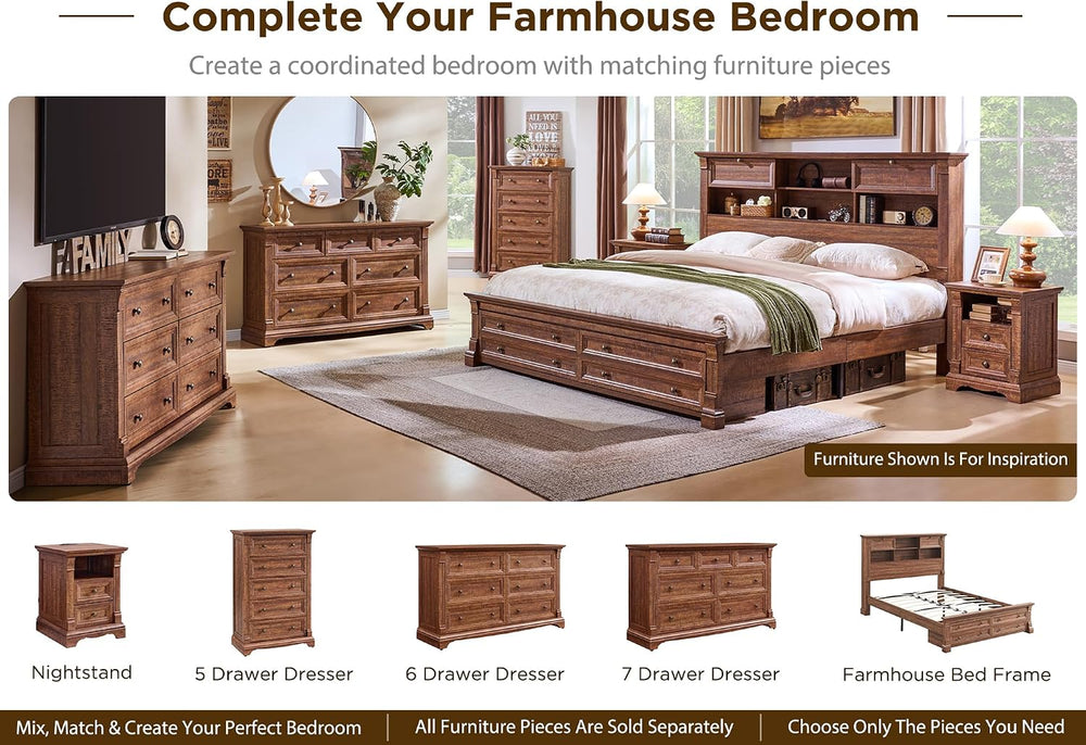Farmhouse Queen Size Bed Frame with 54" Tall Headboard, 2 Footboard Drawers