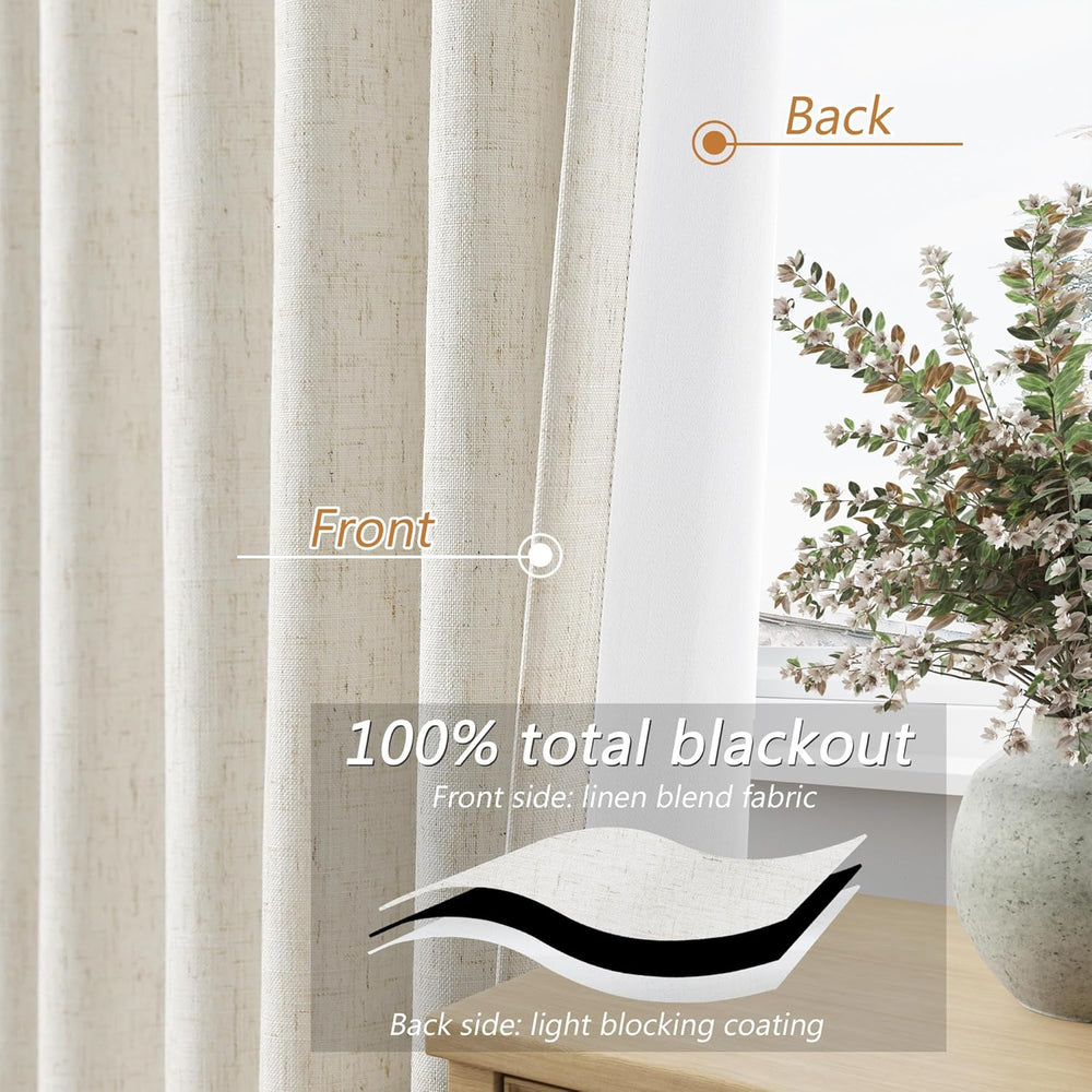 Guken 100% Blackout Linen Curtains 90 Inch Long for Bedroom 2 Panels Cream