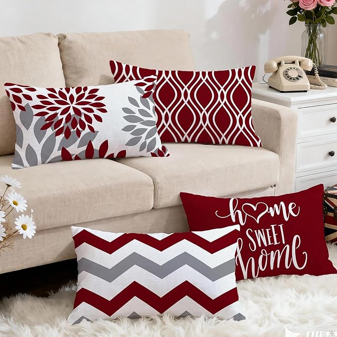 Hexagram Geometric Burgundy Pillow Covers 12x20 Set of 4, Decorative Outdoor - Image 5