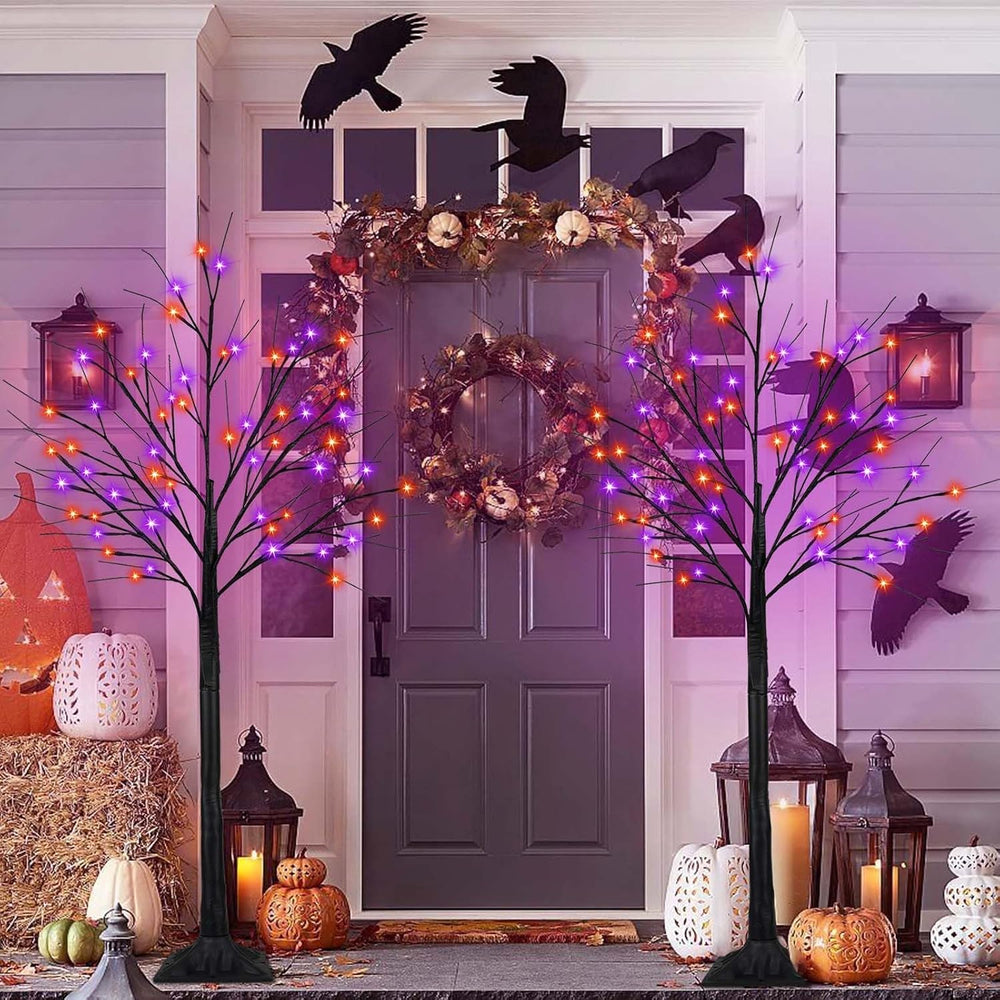 2 Pack 5FT Black Halloween Tree with 200 LED Orange and Purple Lights