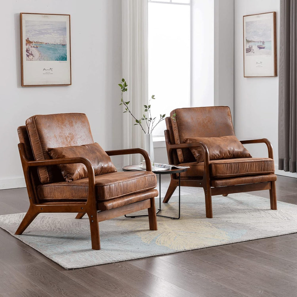 Mid Century Modern Accent Chair Set of 2 Living Room- Comfy Solid Wood Arm Ch...