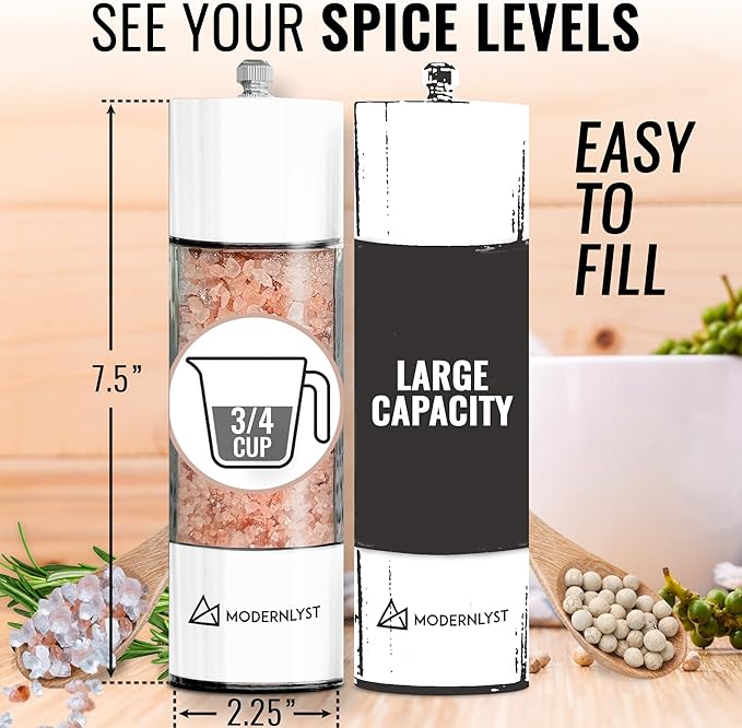 Manual Salt and Pepper Grinder Set of 2 | Large Round Shakers | 7.5 Inch - Image 3