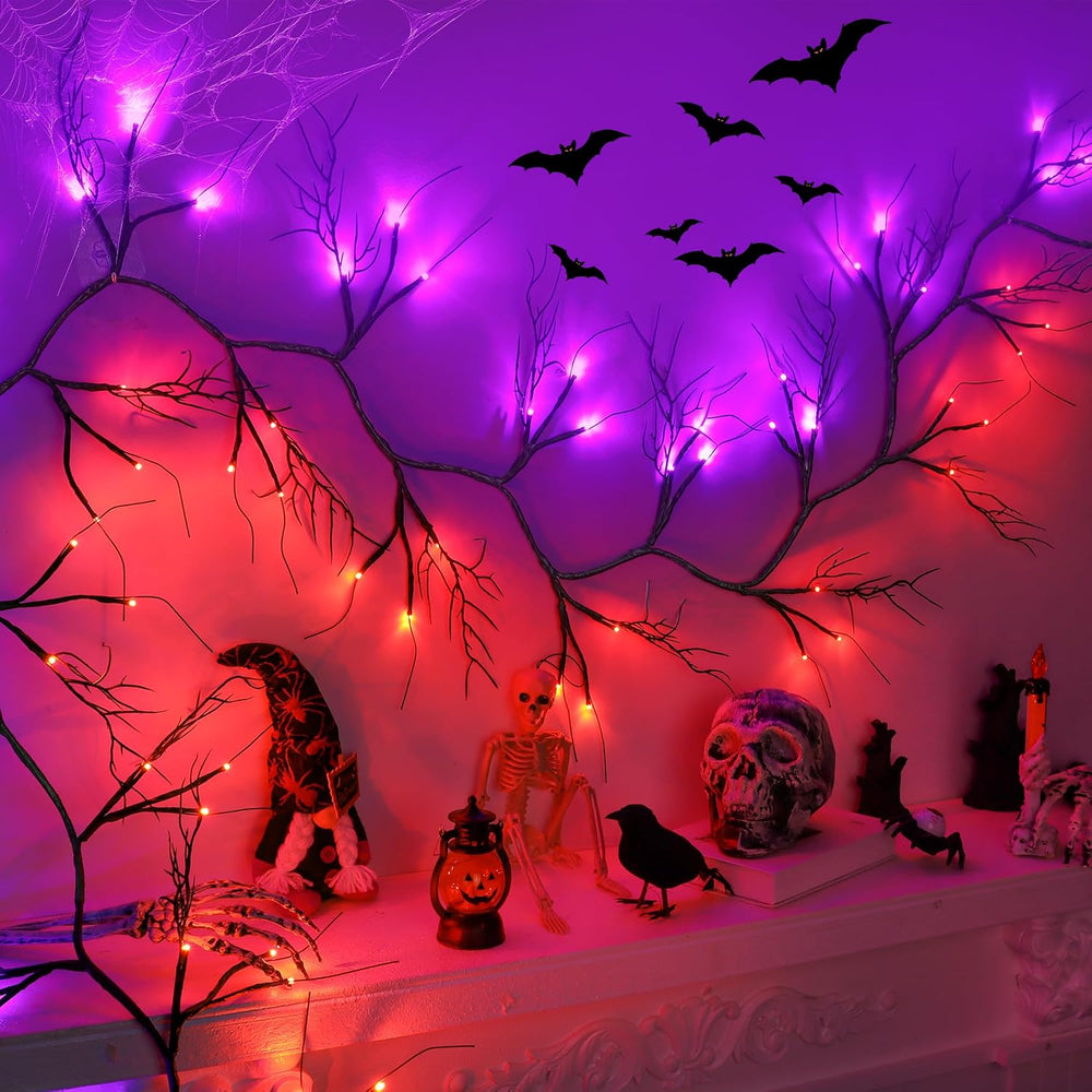 9 FT 72 LED Willow Vine Twig Decor Black Halloween Garland with Orange Purple...