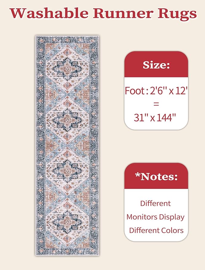 SERISSA Runner Rug for Hallways, Extra Long Boho Rug Ultra Soft Vintage Blue - Image 6