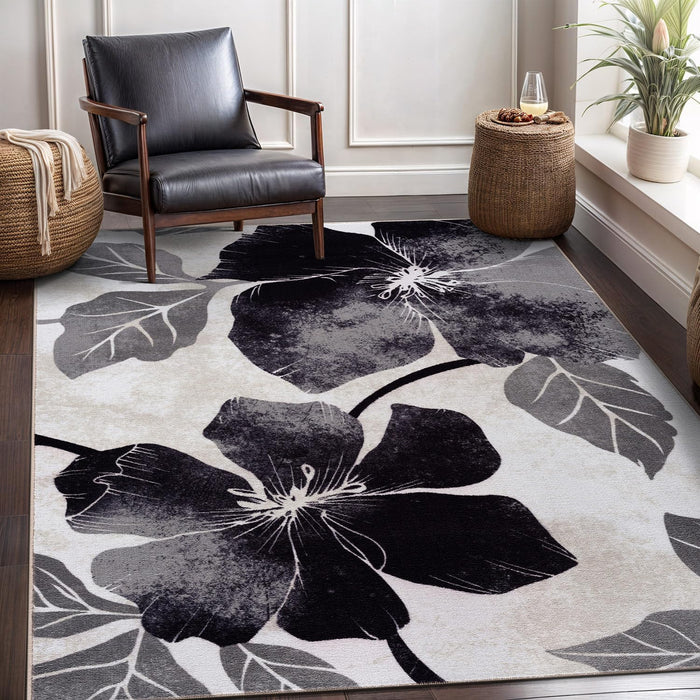 CAMILSON Solana Modern Floral 6'7" x 9'0" Area Rugs Non-Skid (Non-Slip) Rubber Backing Black Gray Flowers Indoor Rug (6x9, Floral - Black/Grey)