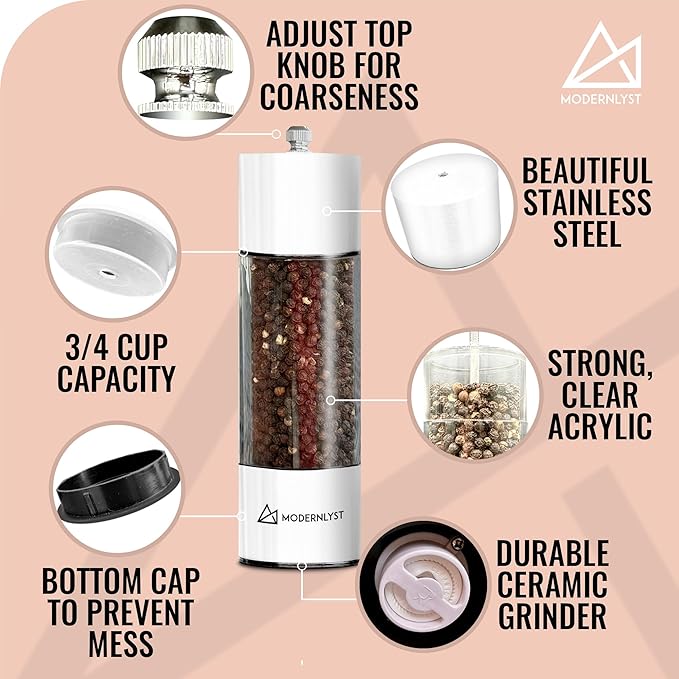 Manual Salt and Pepper Grinder Set of 2 | Large Round Shakers | 7.5 Inch