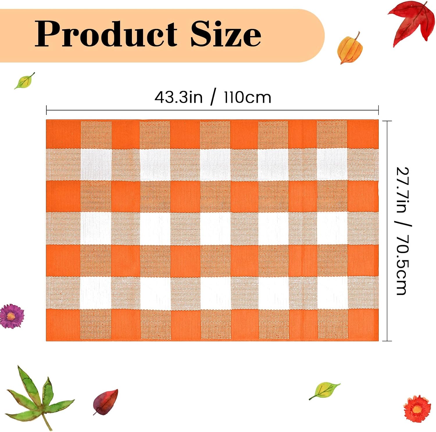 Buffalo Plaid Rug 28 x 43 Inches Fall Outdoor Front Door Decor Mat, Cotton Washable Hand-Woven Rug for Layered Doormat, Autumn Halloween Thanksgiving Carpet for Porch (Orange and White Plaid)
