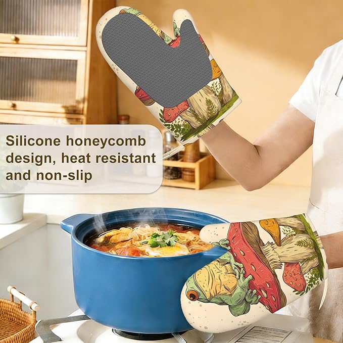 Green Frog Oven Mitts and Pot Holders Sets, Silicone Mushroom Kitchen Mitts - Image 4