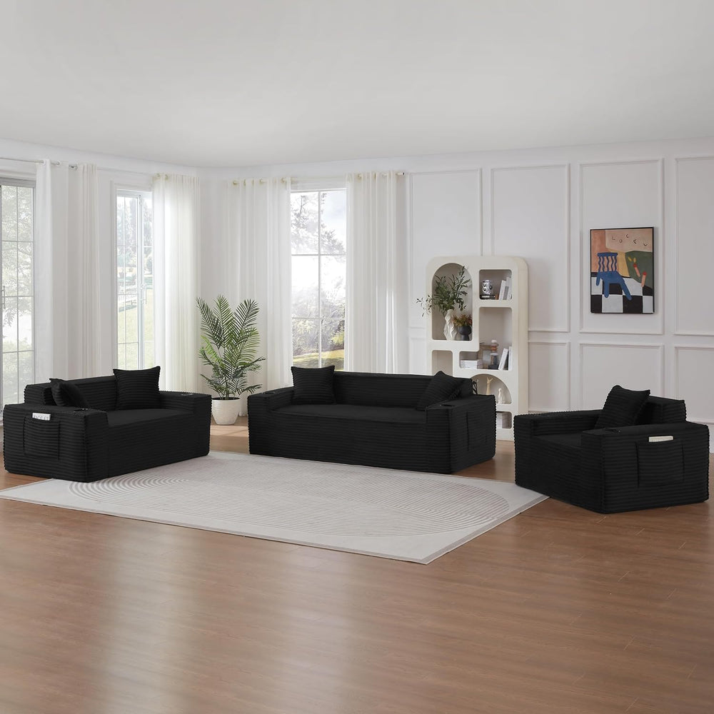 Boneless Sectional Sofa 3 Piece Set with Cup Holders & Side Pockets, Mode...