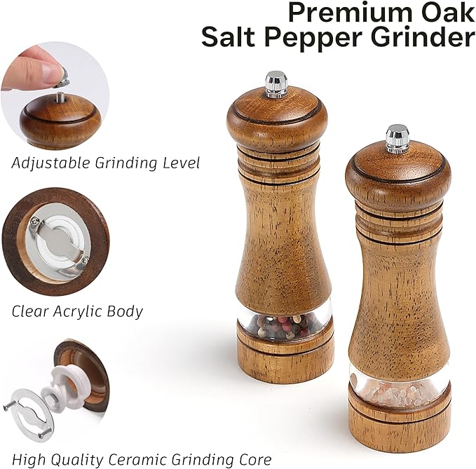 Wooden Salt and Pepper Grinder Set, Premium Oak Wood Salt Grinders Shakers - Image 2