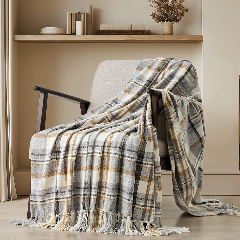 EverGrace Plaid Chenille Knit Throw Blanket, 50"x60", Grey & Beige