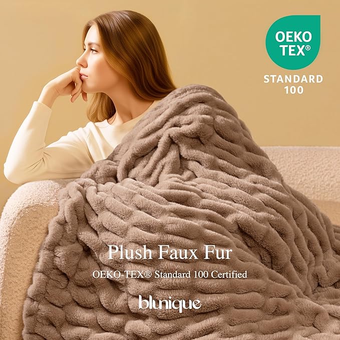 Ultra Soft Cozy Faux Fur Throw Blanket, Fuzzy Plush Thick Bubble Blanket - Image 2
