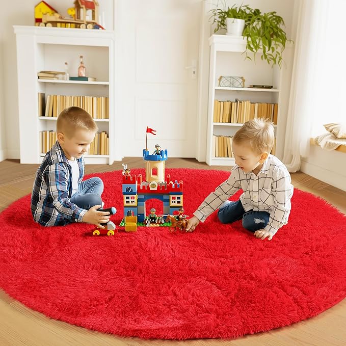 ONASAR Red Round Rugs 5ft for Bedroom Living Room, Fluffy Circle Area Rug for - Image 3