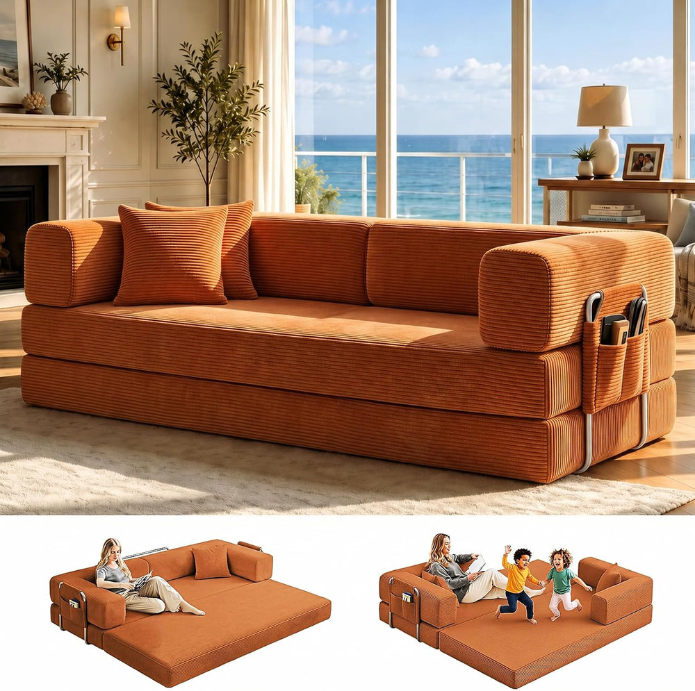 Folding Sofa Bed Convertable Corduroy Couch King Size Floor Sleeper 4-in-1 DI...