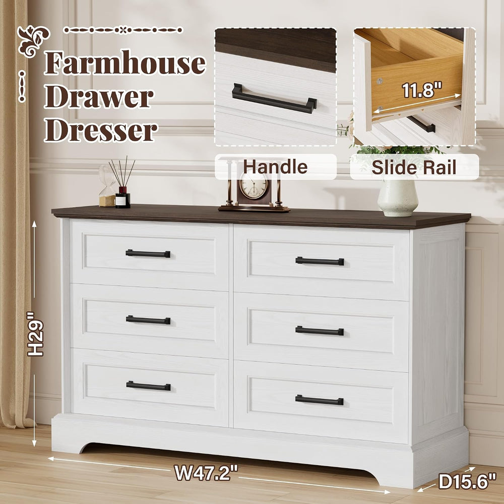 Furmax Farmhouse Dresser for Bedroom, 6 Drawers Dresser, White & Brown