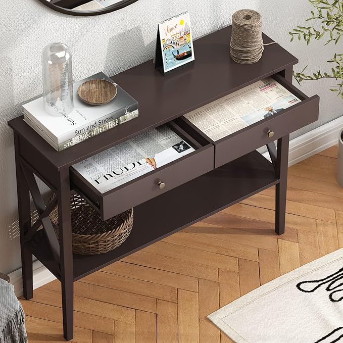 ChooChoo Console Table with Drawers, Narrow Wood Accent Sofa Table Entryway T...