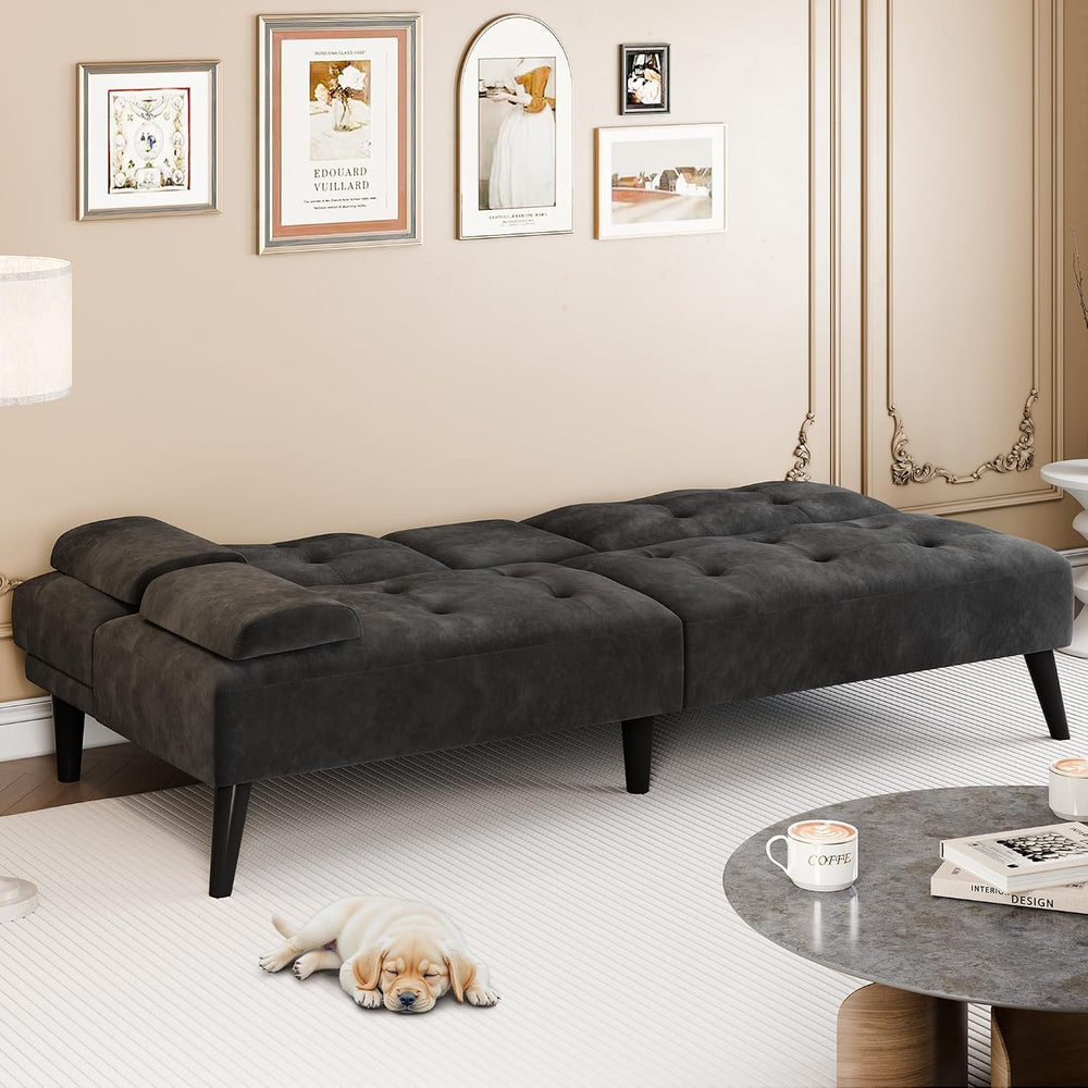 64" Futon Sofa Bed, Small Loveseat, Cup Holders Armrests, Black