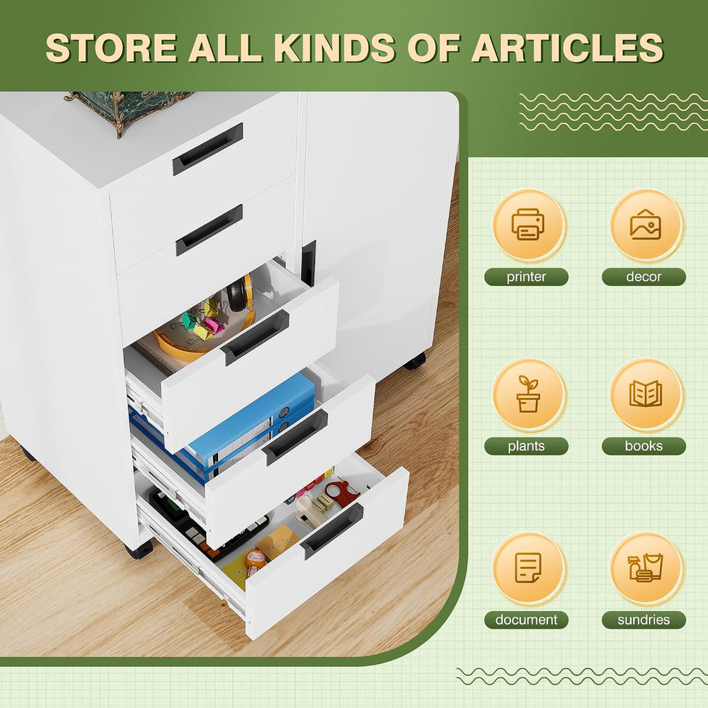 5-Drawer Metal Storage Cabinet with Adjustable Shelves and Wheels, Printer St...