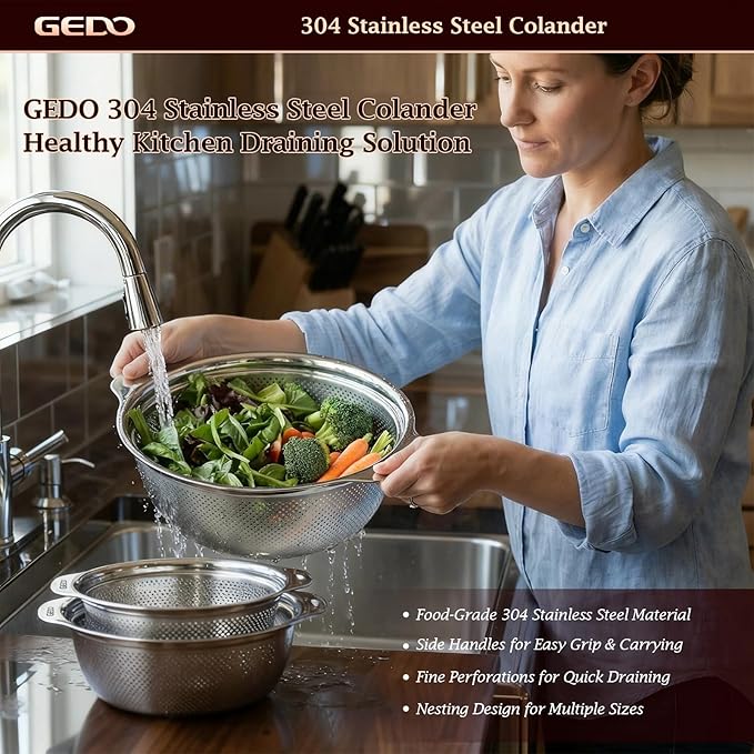 GEDO 304 Stainless Steel Colander Set, 3 Pack Kitchen Food Strainer - Image 2