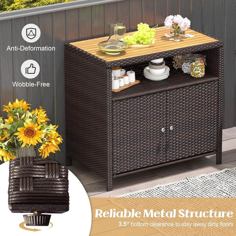 Tangkula Rattan Outdoor Storage Cabinet, Patiojoy Outdoor Cabinet with Acacia...