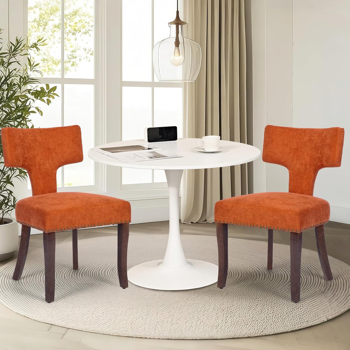 3-Piece 31.5" Round Dining Table Set for 2 with Upholstered Chairs – Space-Saving Modern Small Kitchen Cafe Bistro Set(T-Back Orange Linen Chair)