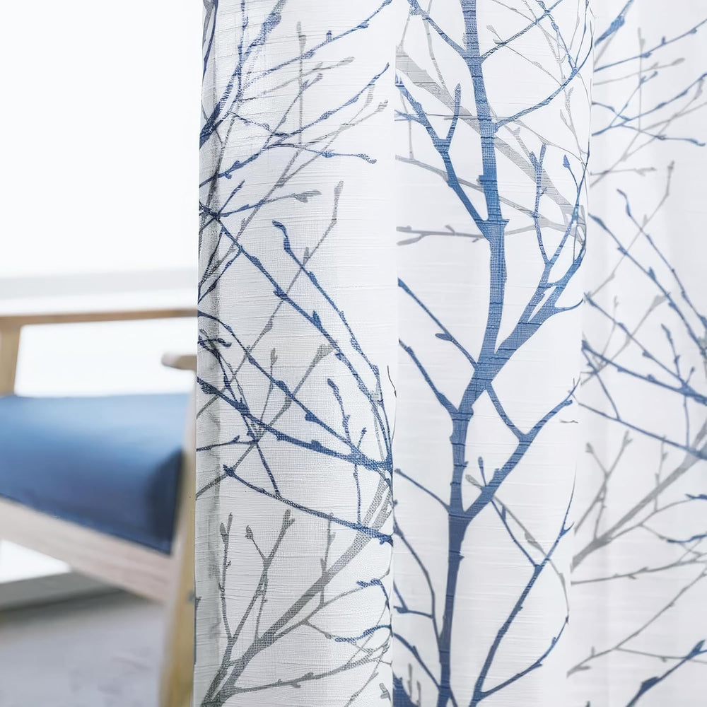 FMFUNCTEX Linen Blue White Semi Sheer Print Curtains 84 Inch Long 2 Panels