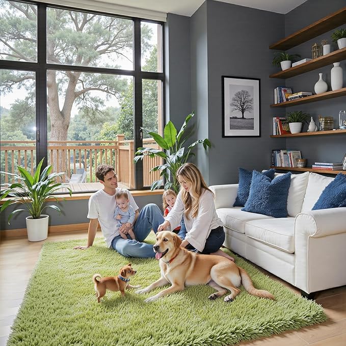 Green Grass Area Rugs for Bedroom, 3x5 Shag Fluffy Carpet, Fuzzy Furry Plush by Junhejiamei