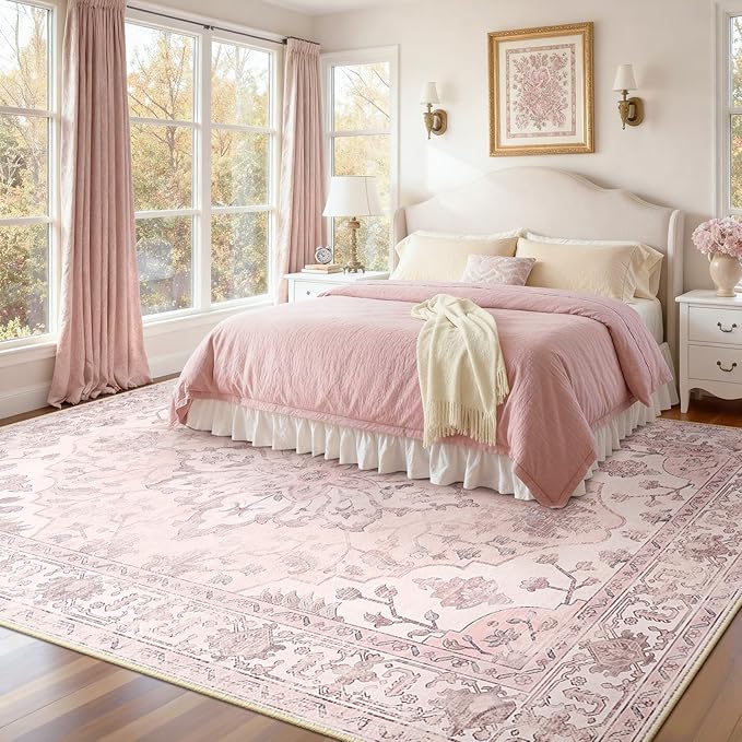 Area Rugs 10'x12' Washable Non-Slip, Floral Vintage Distress Print Pattern - Image 2