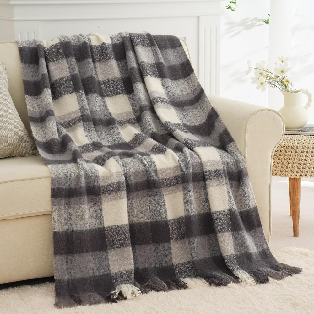 Black Grey Plaid Throw Blanket for Couch, Soft Mohair Tartan Blanket 50x60