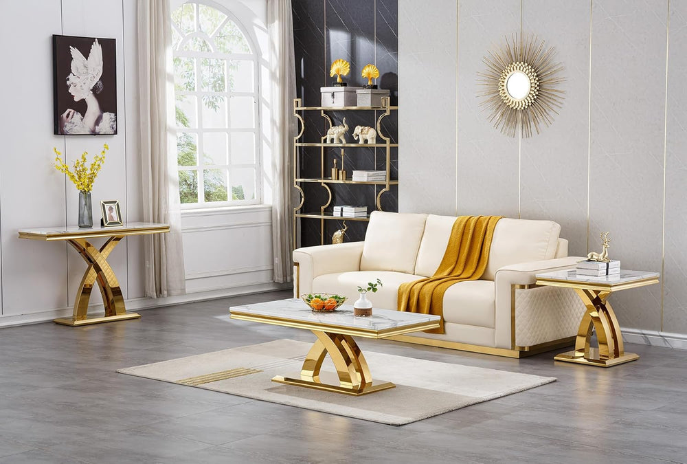 SSLine Modern White Faux Marble End Table Luxury Square Sofa Side Table with ...