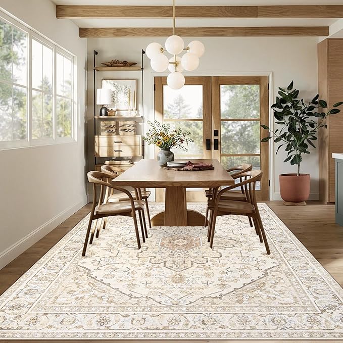 Area Rugs 9x12 Vintage Rug: Large Washable Living Room Rug Retro Medallion - Image 4