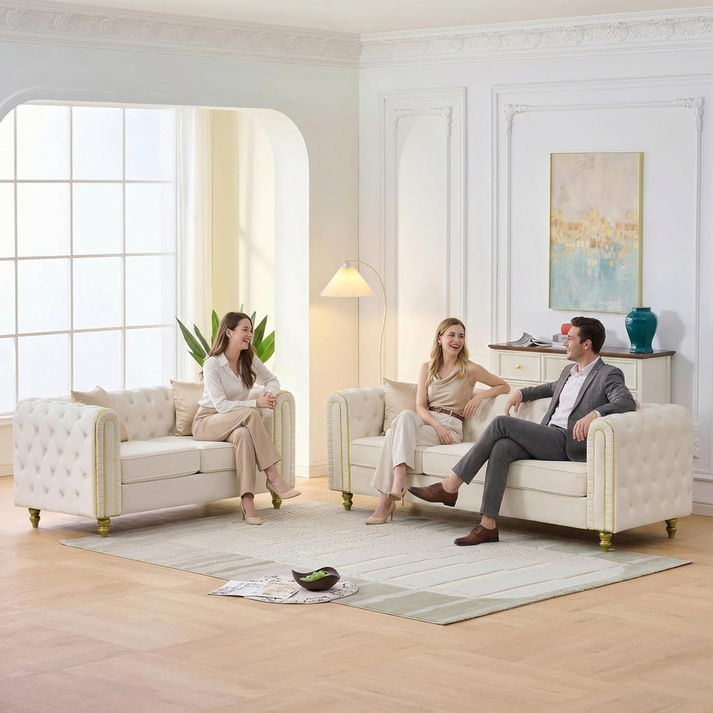 Chesterfield 86" 3-Seater + 63" Loveseat White Velvet Sofa Sets, 3+...