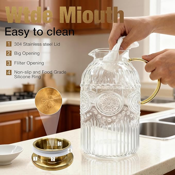 Amzcku Glass Pitcher with Lid, 1 Gallon/128 oz Vintage Water Pitcher, Water