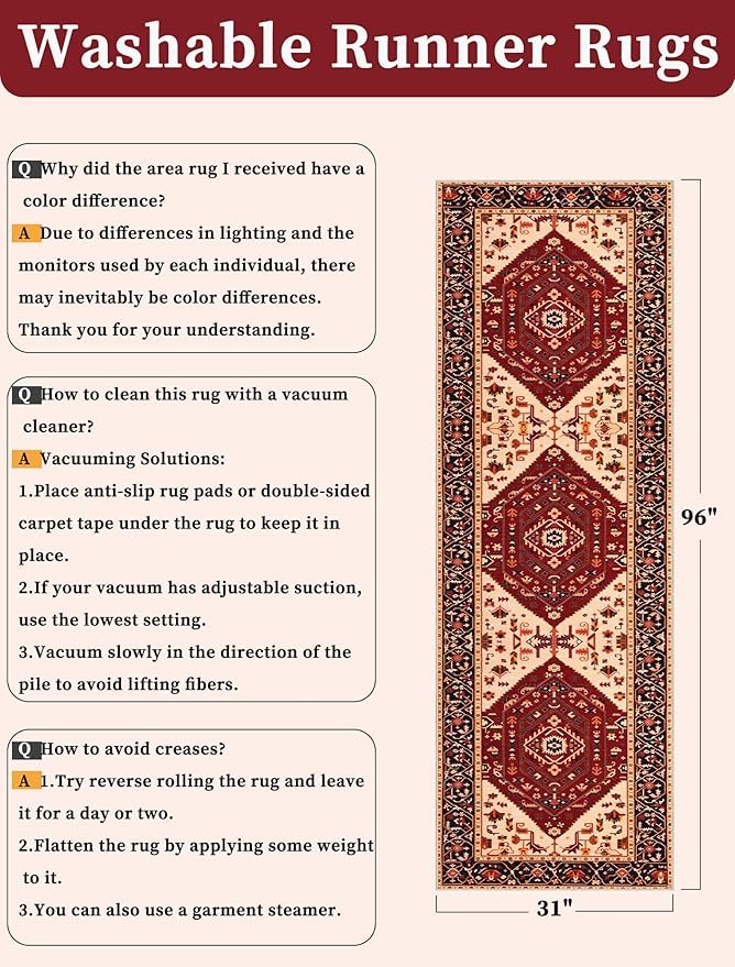 SERISSA Runner Rug for Hallways, Long Boho Rug Vintage Red Black Hallway Stair - Image 6