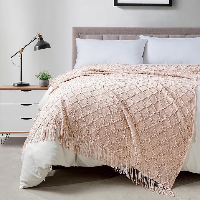 BOURINA Pink Throw Blanket 50 x70 Inches Jacquard Argyle Throw Textured Solid by BOURINA