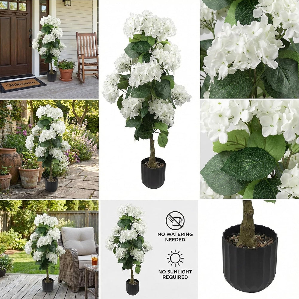 2 Pcs 3 Ft Artificial Hydrangea Trees Faux Potted Topiary for Outdoor
