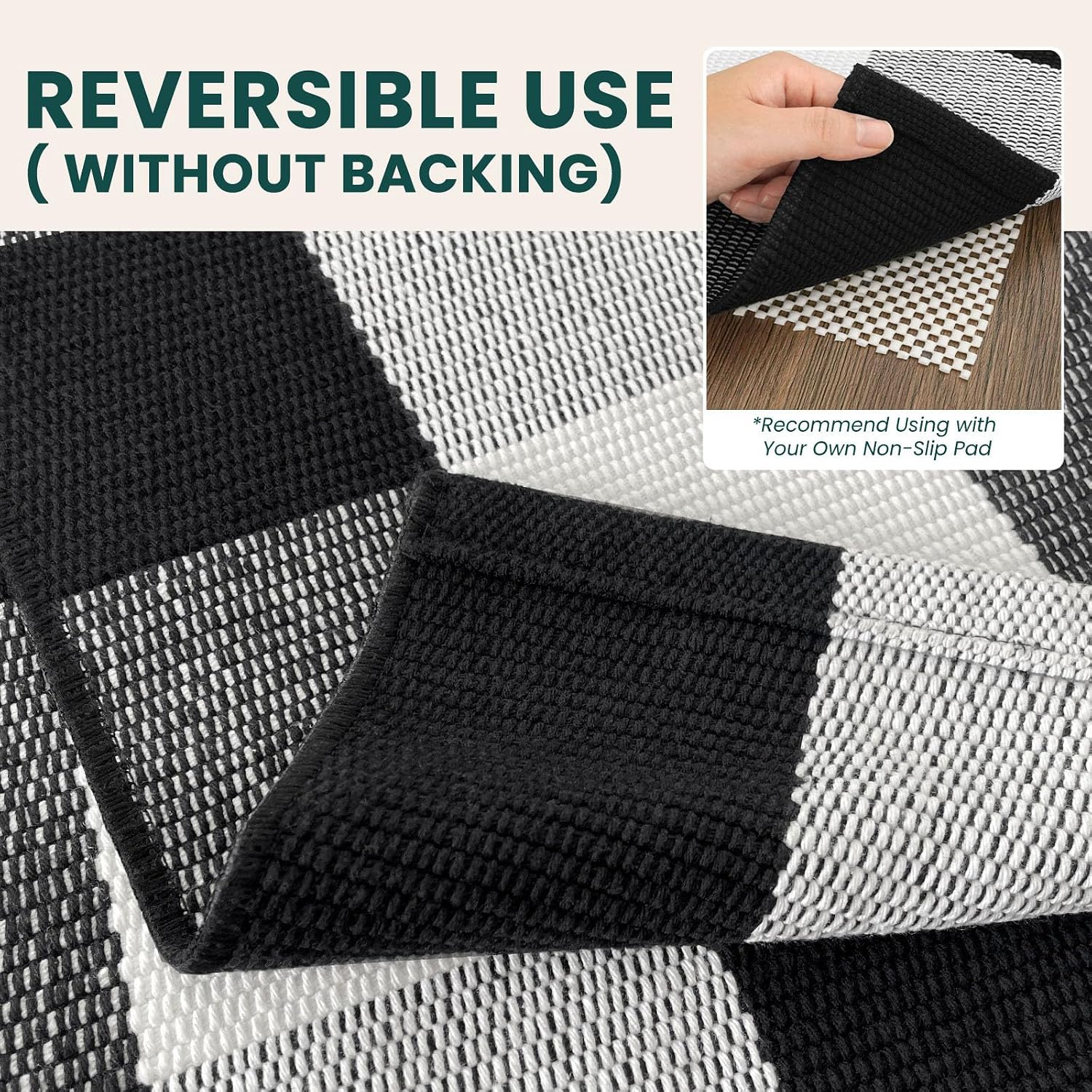 KOZYFLY Buffalo Plaid Rugs 2x6 Ft Runner Rug for Hallway, Black and White | Washable Kitchen Runner Rug, Woven Cotton Entryway Runner, Checkered Carpet Runners for Bedroom Living Room Farmhouse