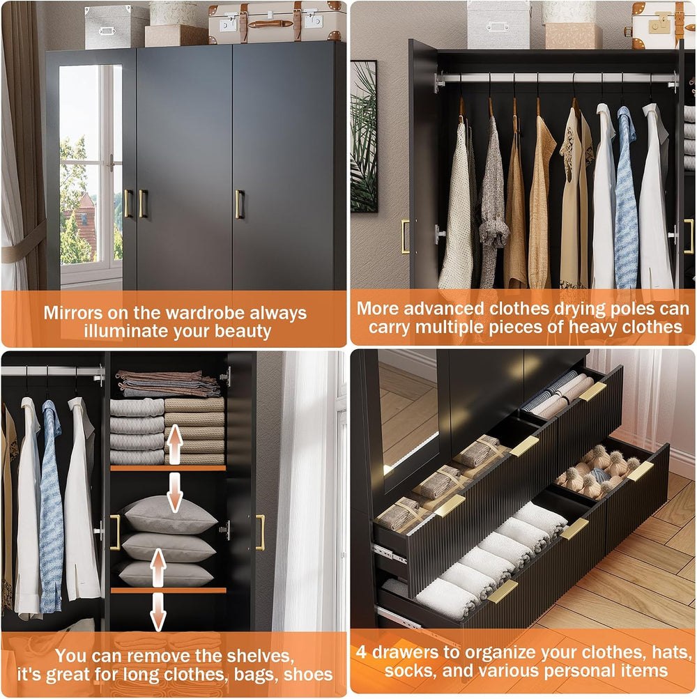 PAKASEPT Armoire Wardrobe Closet with 3 Door, Mirror, LED Lights