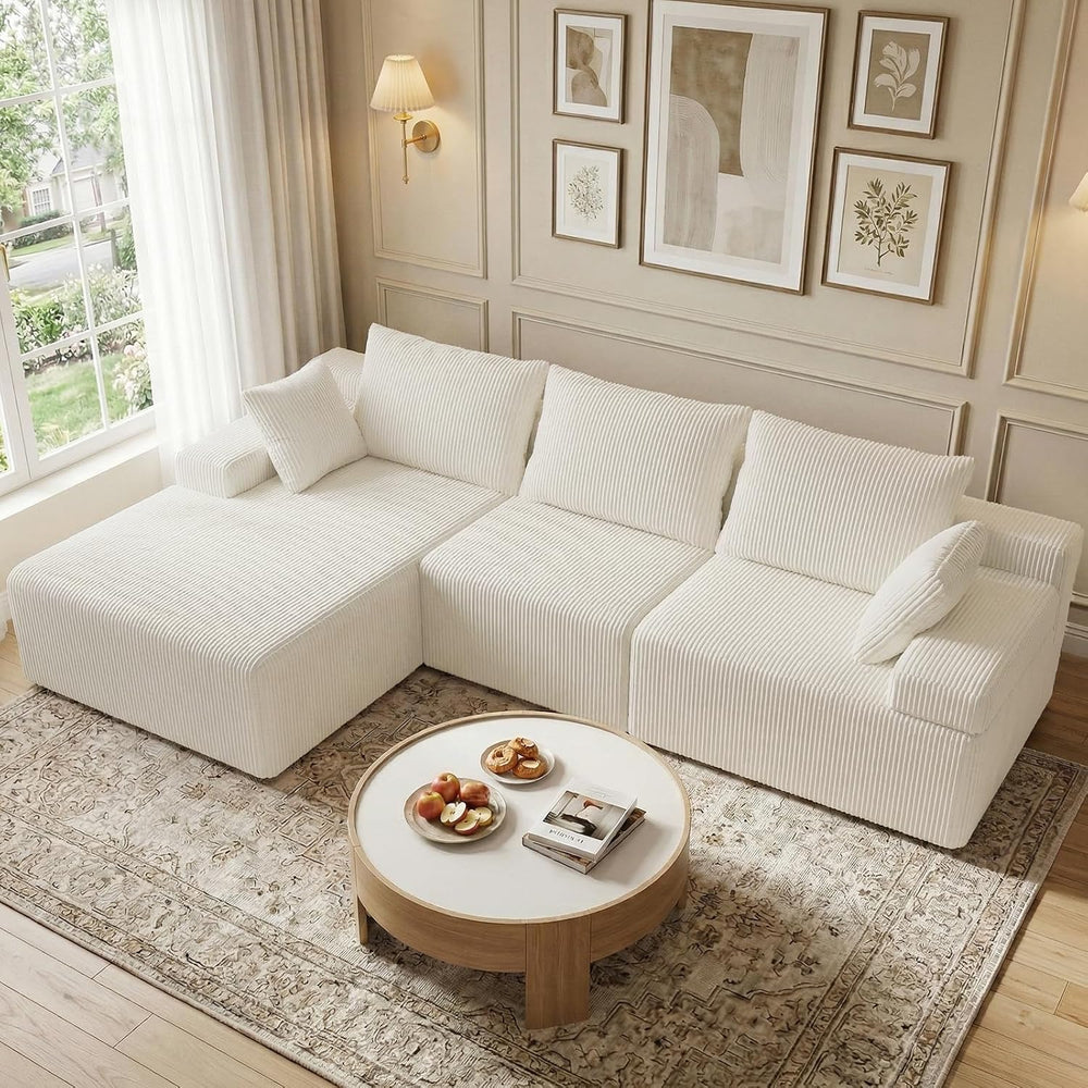 kinmars 108" Corduroy L-Shaped Sectional Couch, Cloud Sofa, Beige | 108&...
