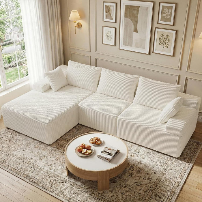 kinmars 108" Corduroy L-Shaped Sectional Couch, Cloud Sofa, Beige | 108'' corduroy L-shaped sectional couch with cloud-like comfort, boneless design, modular seating, for modern living rooms.