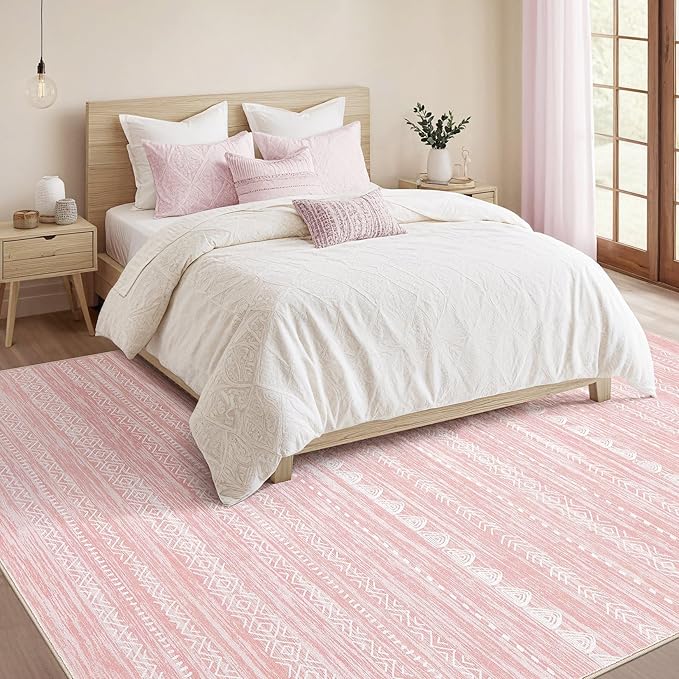 Nakagishi Pink Rugs for Bedroom Girls: 8x10 Washable Boho Large Neutral Cute - Image 4