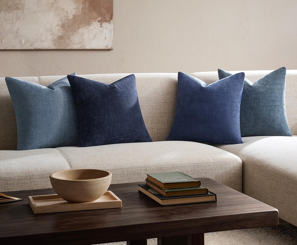 Pack of 4 Throw Pillow Covers 22x22 Inch Chenille Textured Neutral Blue Soft ...