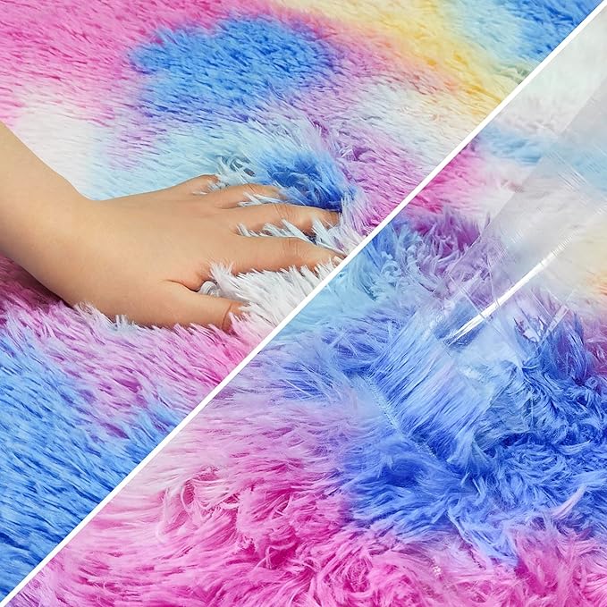 Fluffy Colorful Rug for Bedroom Girls 4x6 Kawaii Rainbow Tie Dye Area Rug Fuzzy - Image 6