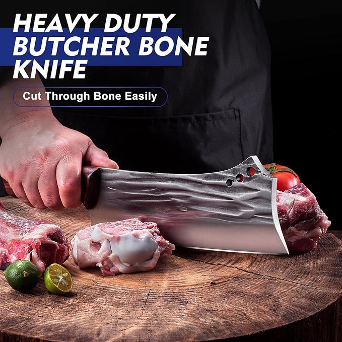 Topfeel 2PCS Meat Cleaver & Heavy Duty Bone Chopper Knife Set, Hand Forged - Image 3
