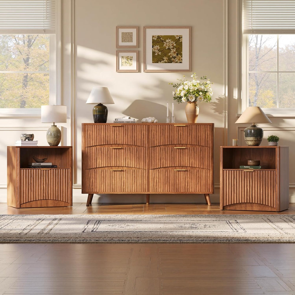 Evermagin 3-Piece Bedroom Set, 54" 6-Drawer Dresser, 2 Nightstands, Walnut